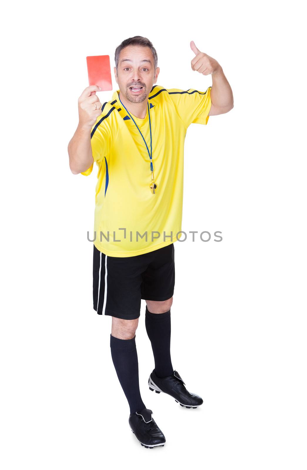 Soccer Referee Showing Red Card On White Background