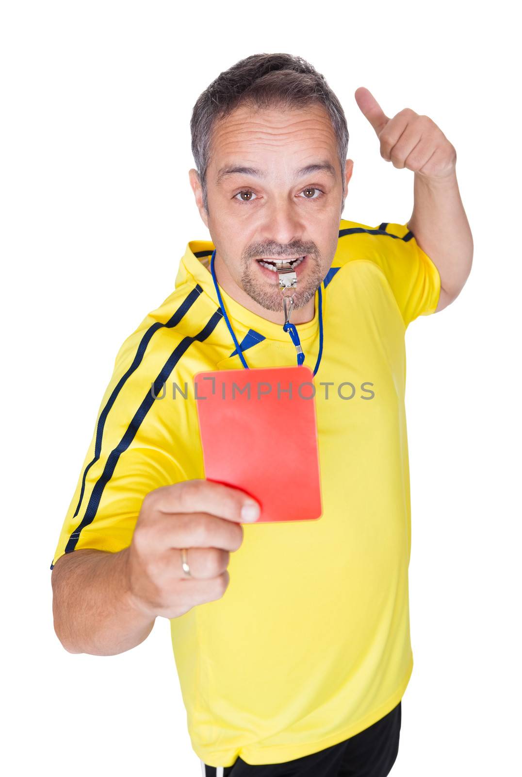 Soccer Referee Showing Red Card On White Background