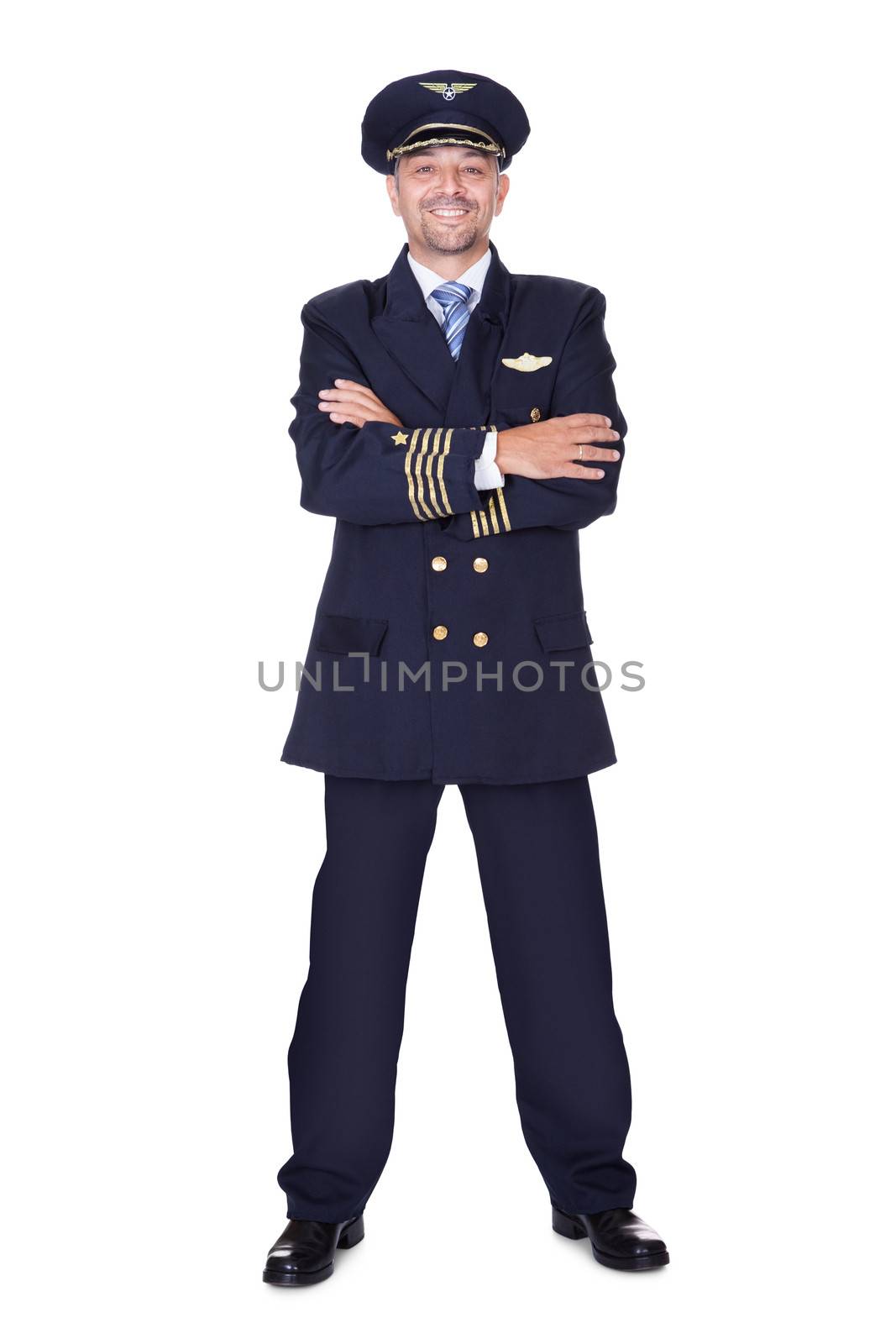 Portrait Of Happy Pilot On White Background