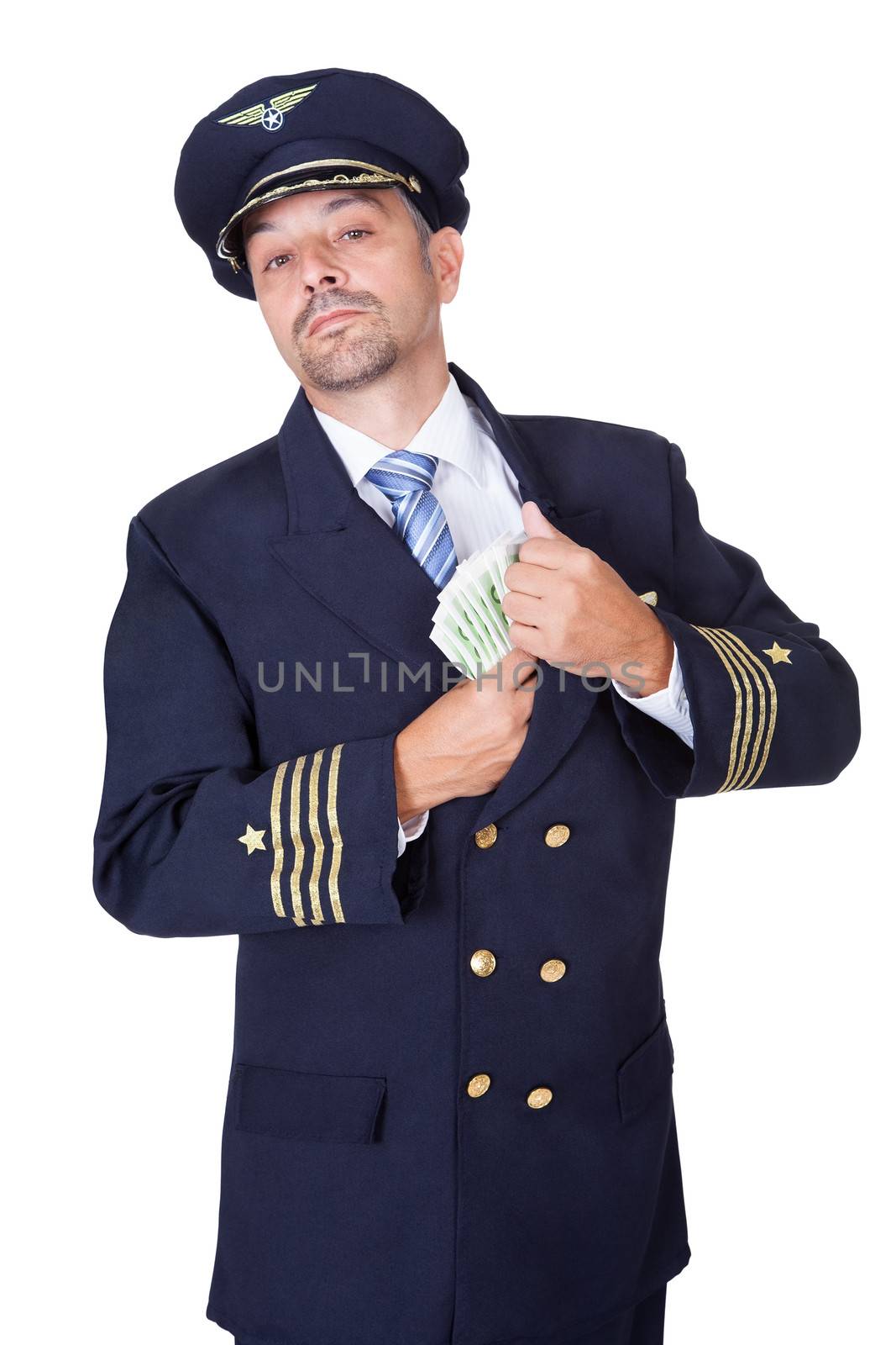 Portrait Of Happy Pilot Holding Euros On White Background