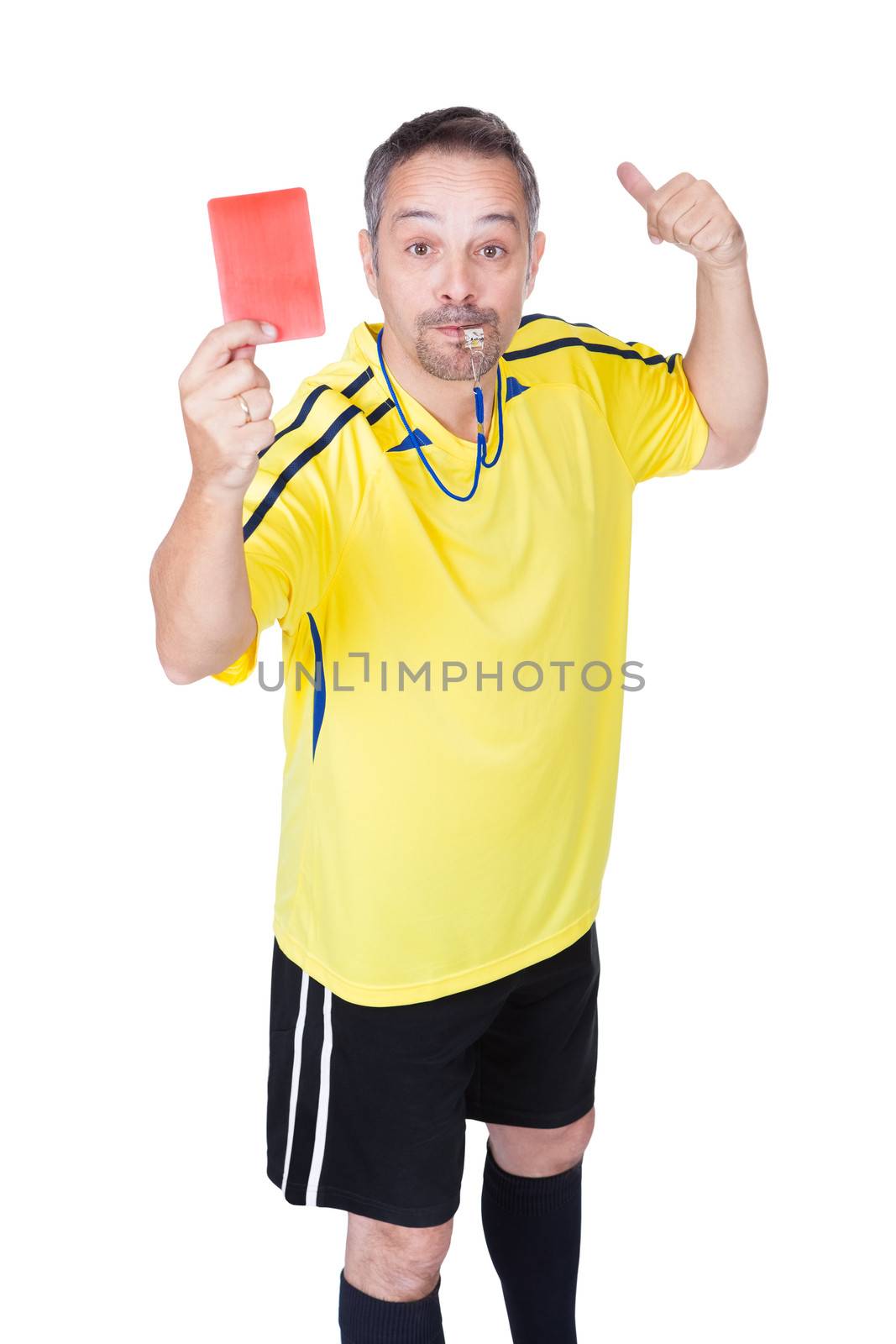 Soccer Referee Showing Red Card On White Background