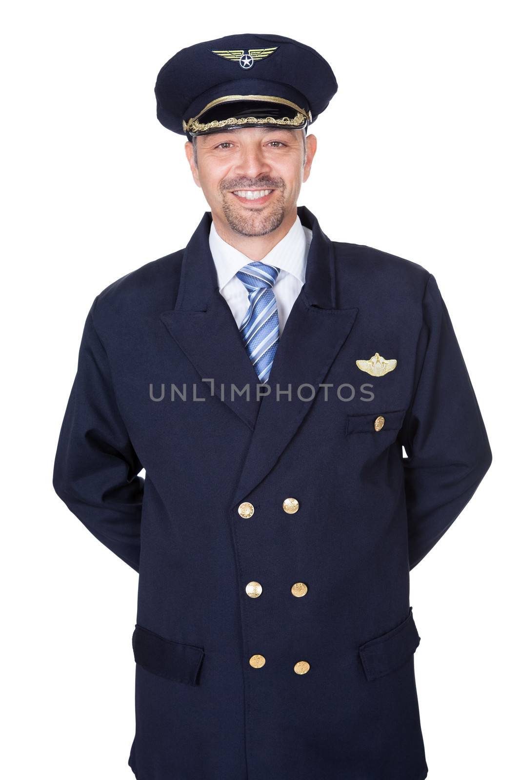 Portrait Of Happy Pilot On White Background