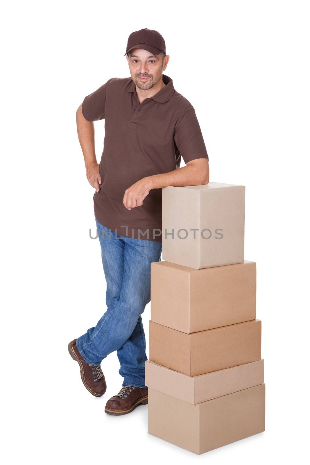 Portrait Of Happy Delivery Man Isolated On White Background