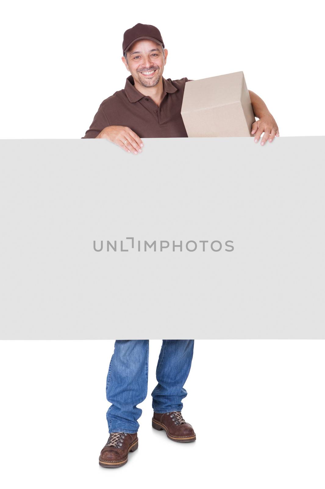 Happy Delivery Man Holding Cardbox And Placard Isolated On White Background