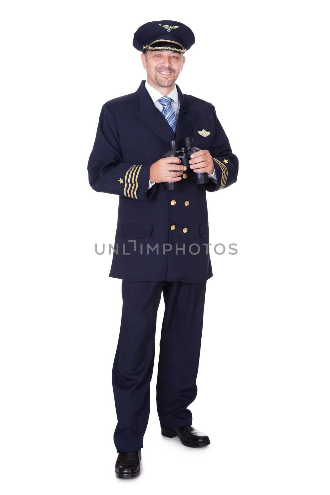 Portrait Of Happy Pilot On White Background