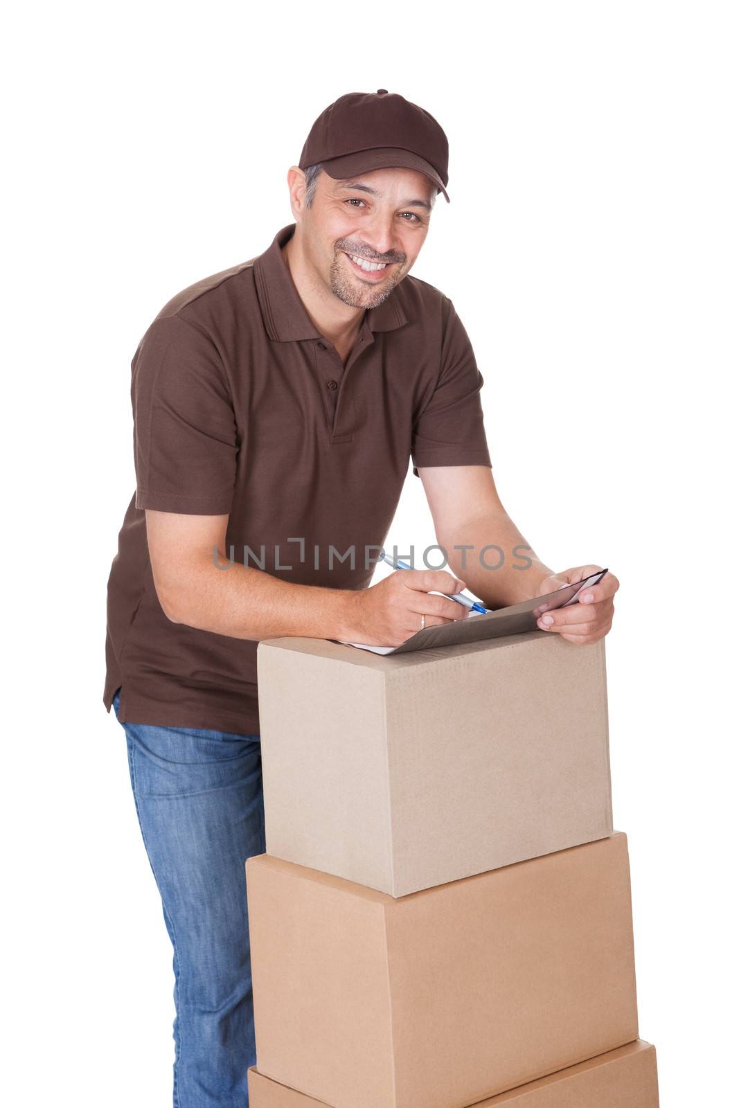 Portrait Of Happy Delivery Man Isolated On White Background