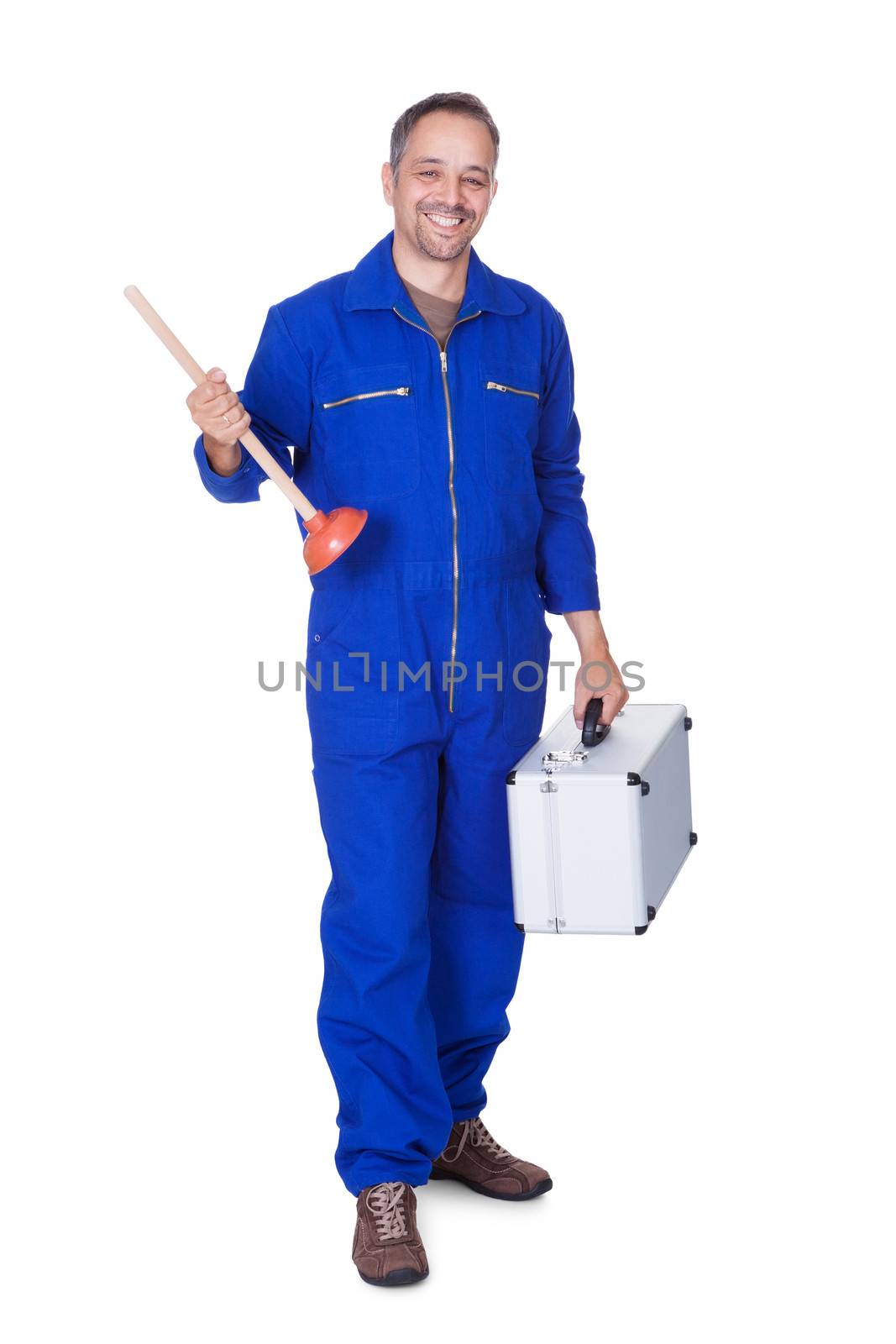 Happy Plumber Holding Plunger On White Background