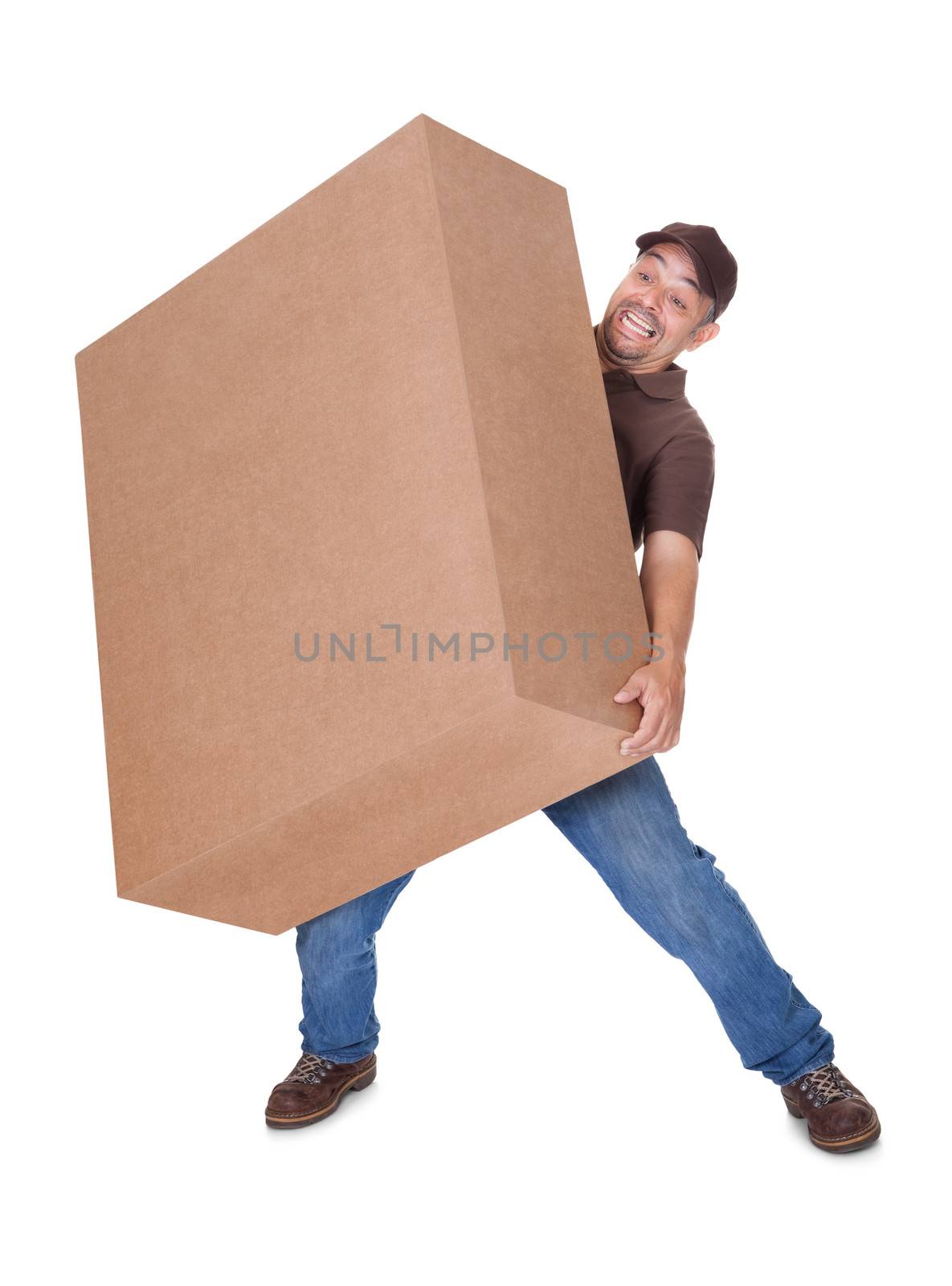 Delivery Man Carrying Heavy Box On White Background