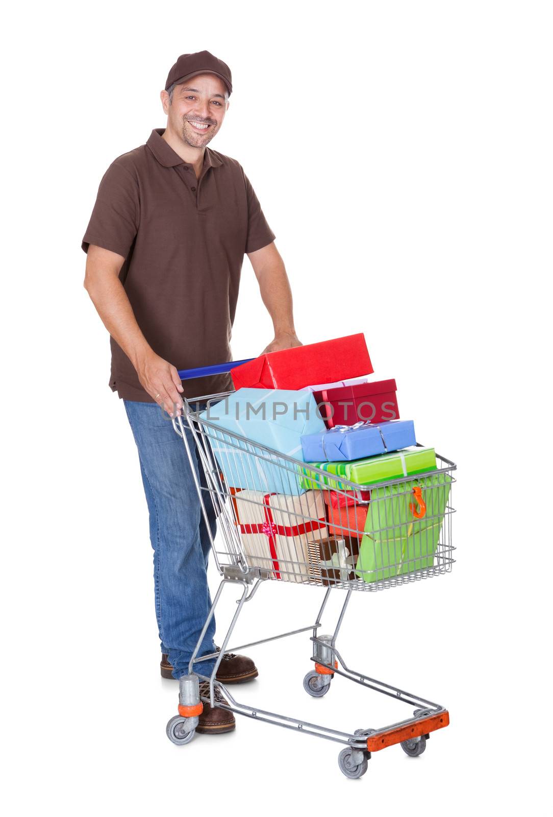 Happy Man With Shopping Cart Isolated On White Background
