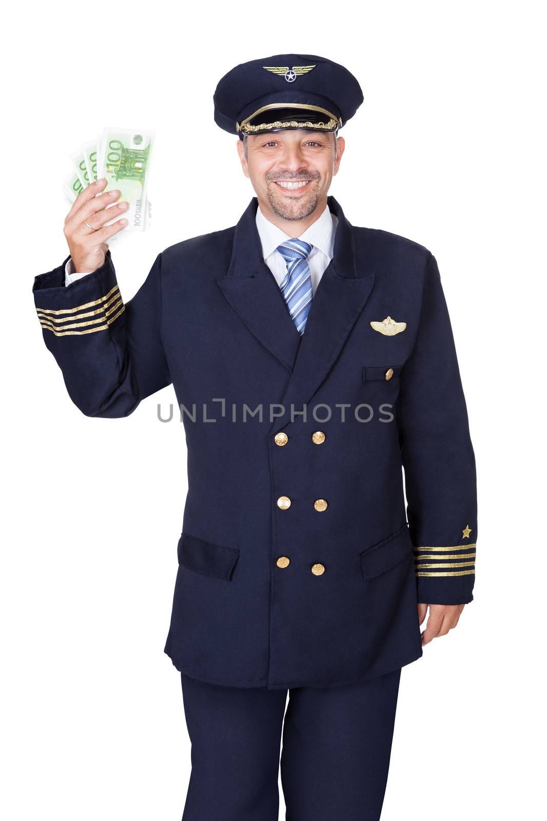 Portrait Of Happy Pilot Holding Euros On White Background