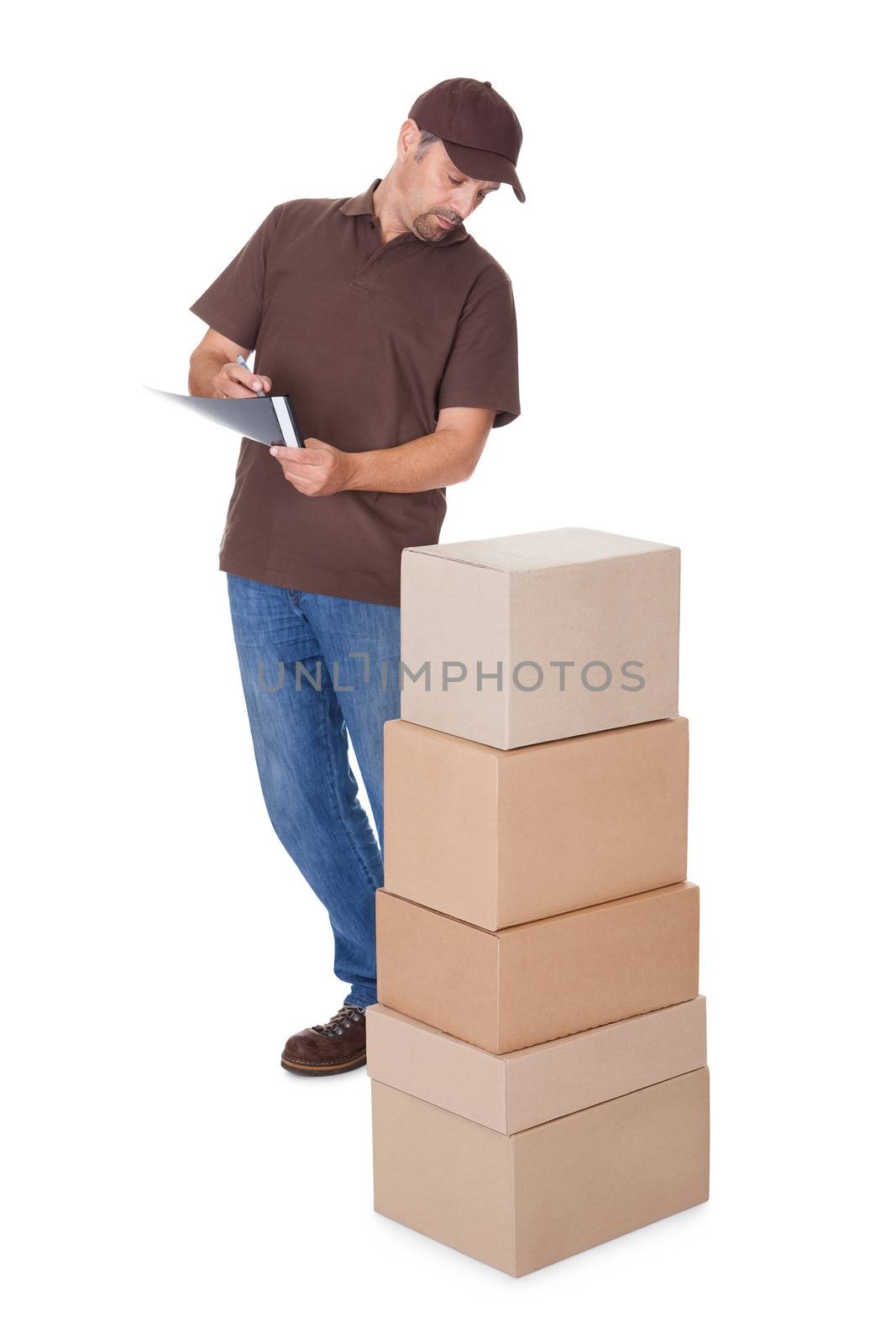 Delivery Man Counting Boxes Isolated On White Background