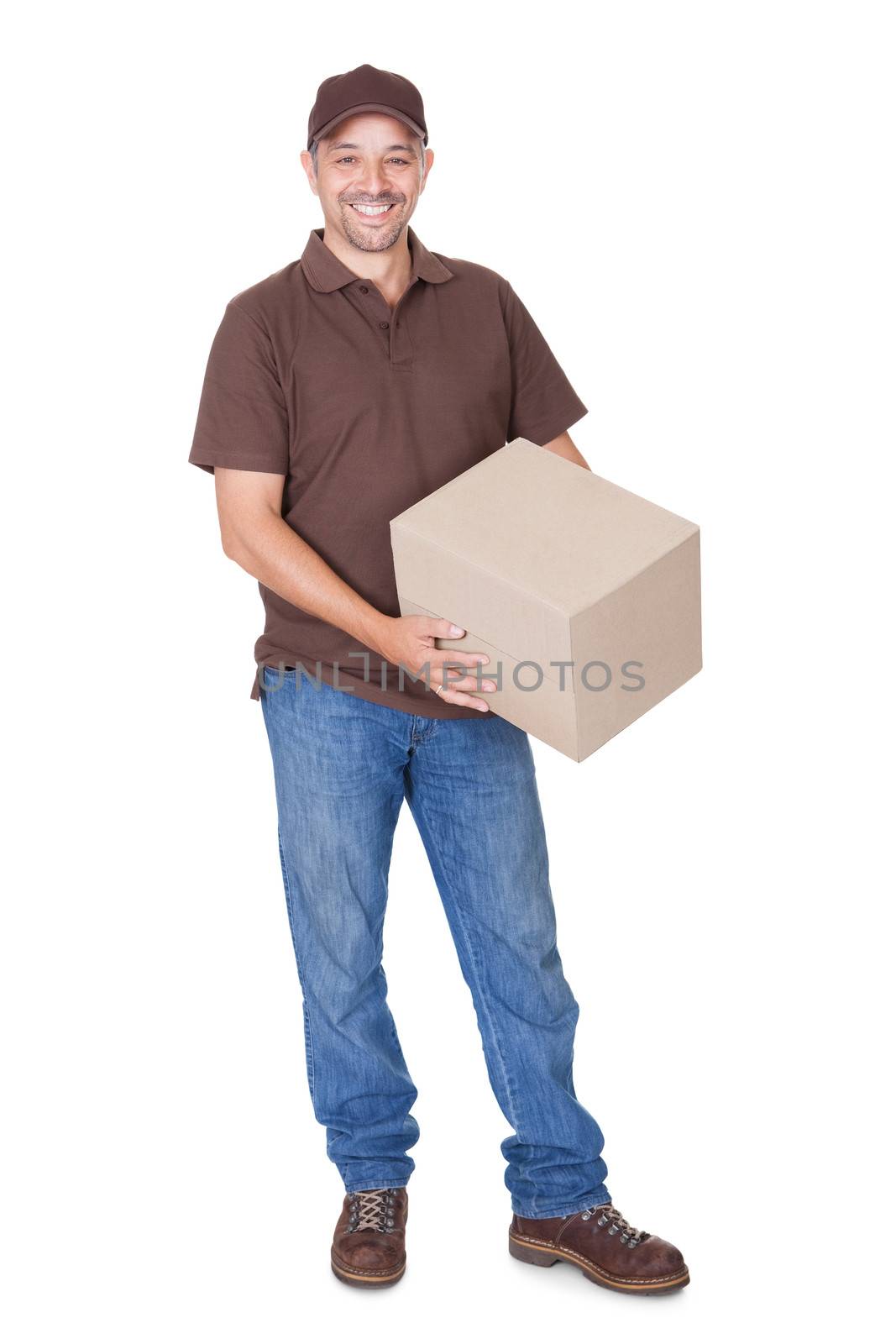 Happy Delivery Man Holding Cardbox Isolated On White Background