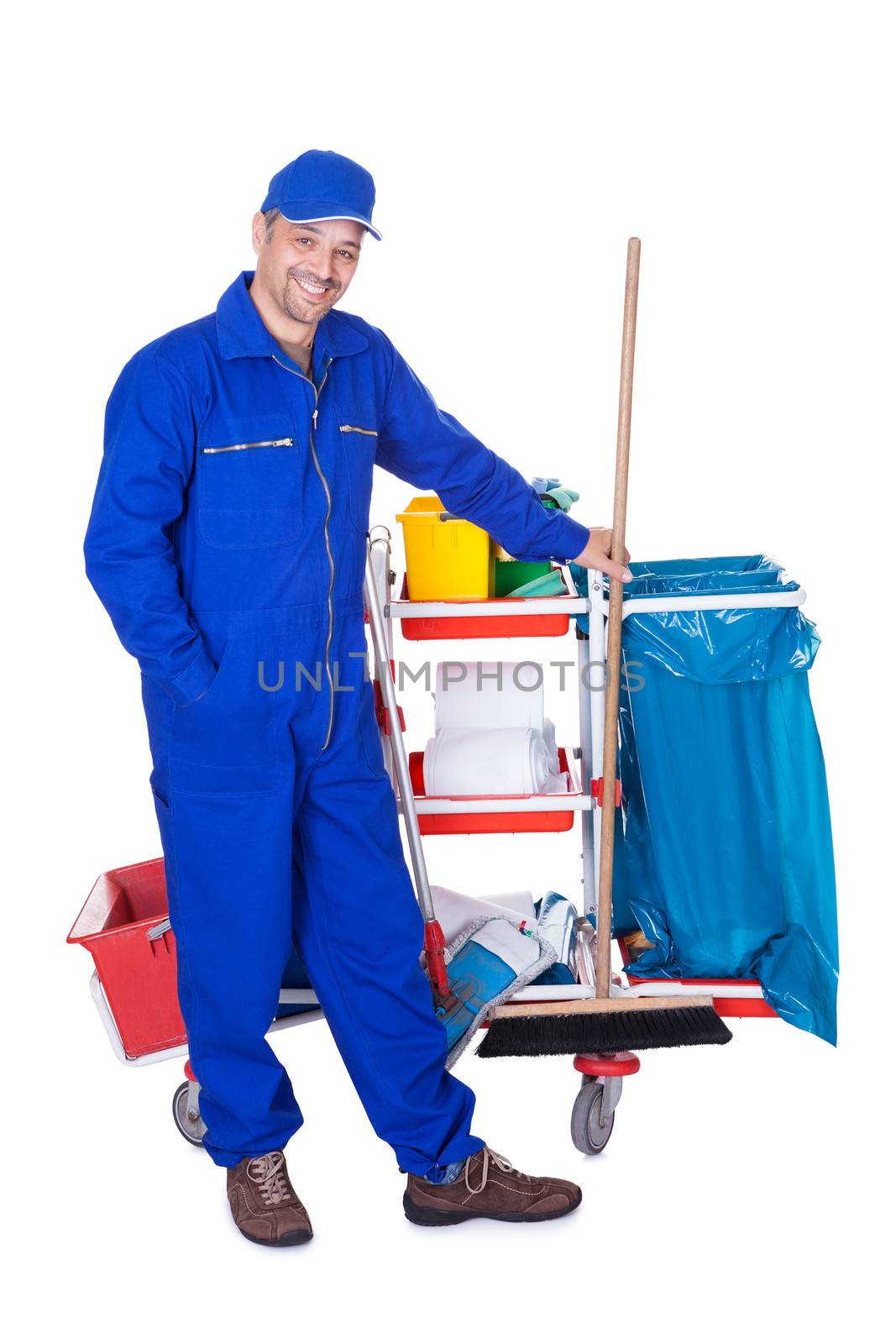 Portrait Of Smiling Cleaner Isolated On White Background