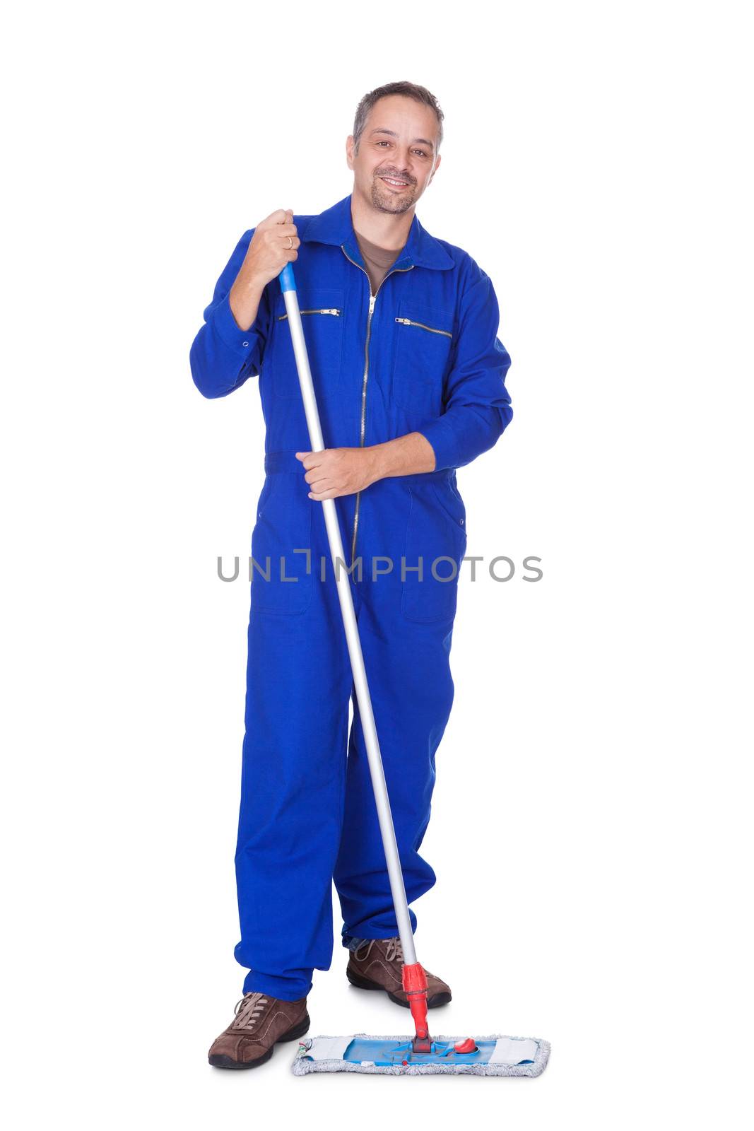 Happy Sweeper Cleaning Floor On White Background