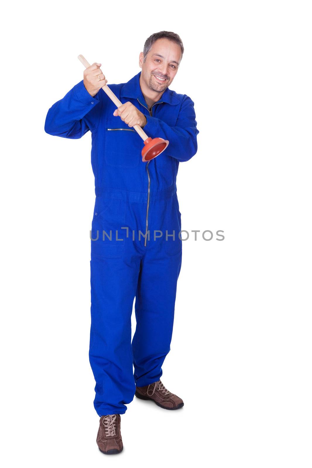 Happy Plumber Holding Plunger by AndreyPopov
