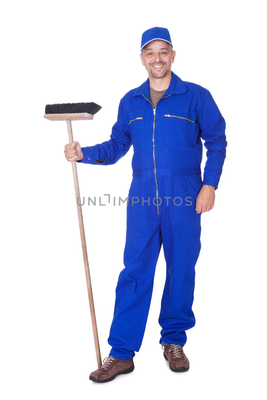 Happy Sweeper Cleaning Floor On White Background