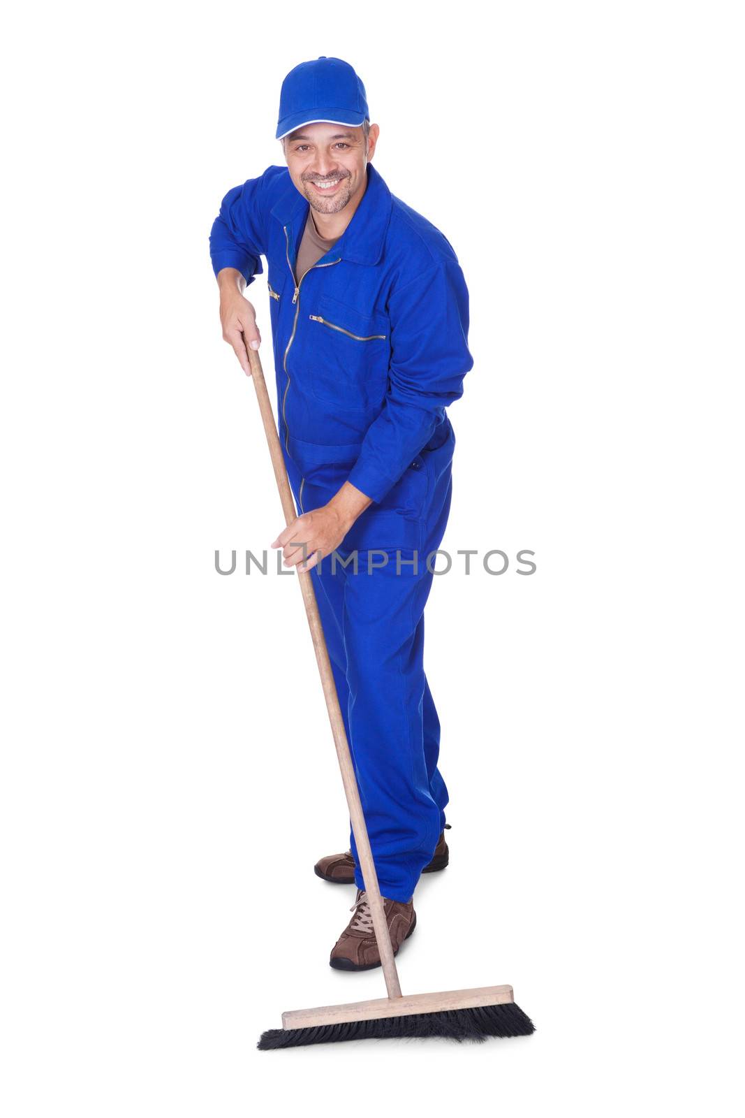 Happy Sweeper Cleaning Floor On White Background