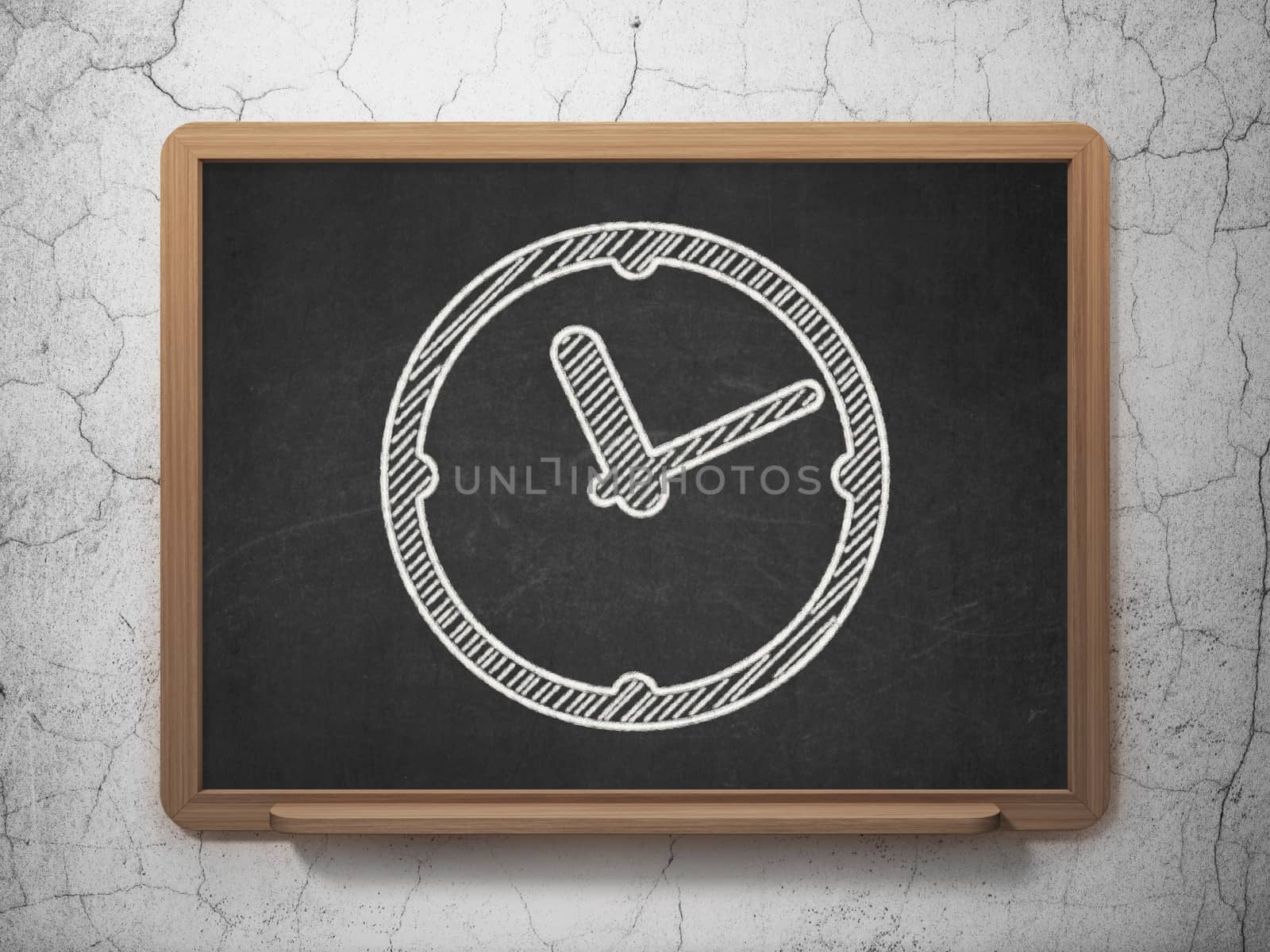 Time concept: Clock icon on Black chalkboard on grunge wall background, 3d render