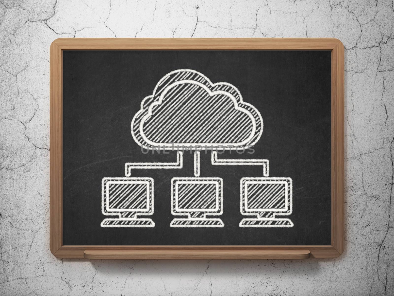 Cloud networking concept: Cloud Network icon on Black chalkboard on grunge wall background, 3d render