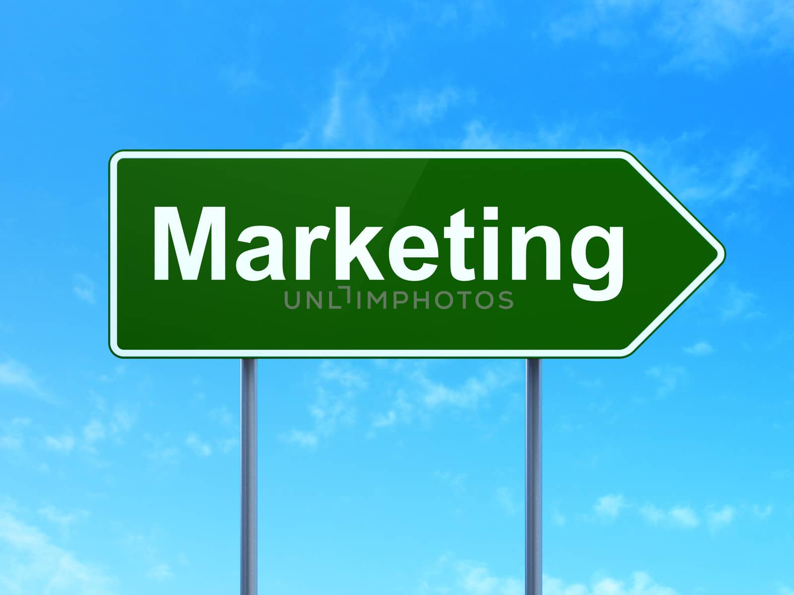 Marketing concept: Marketing on green road (highway) sign, clear blue sky background, 3d render