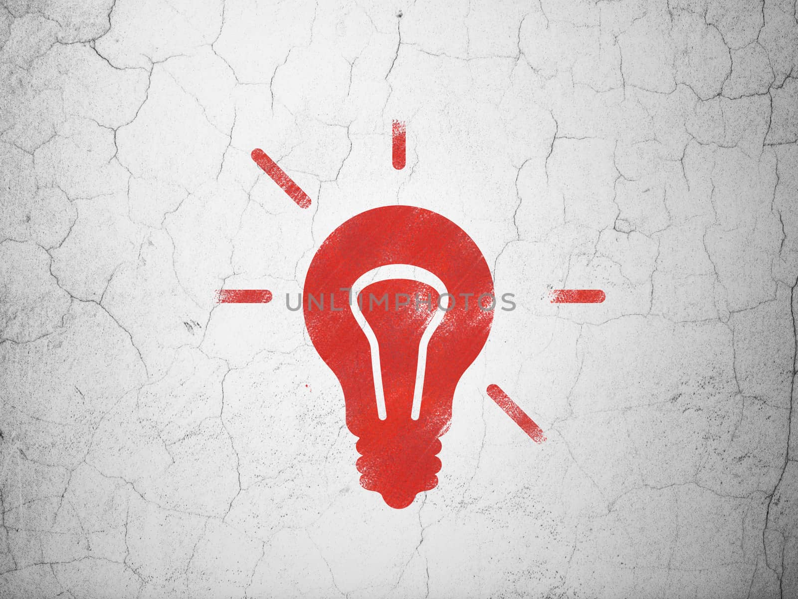 Finance concept: Red Light Bulb on textured concrete wall background, 3d render