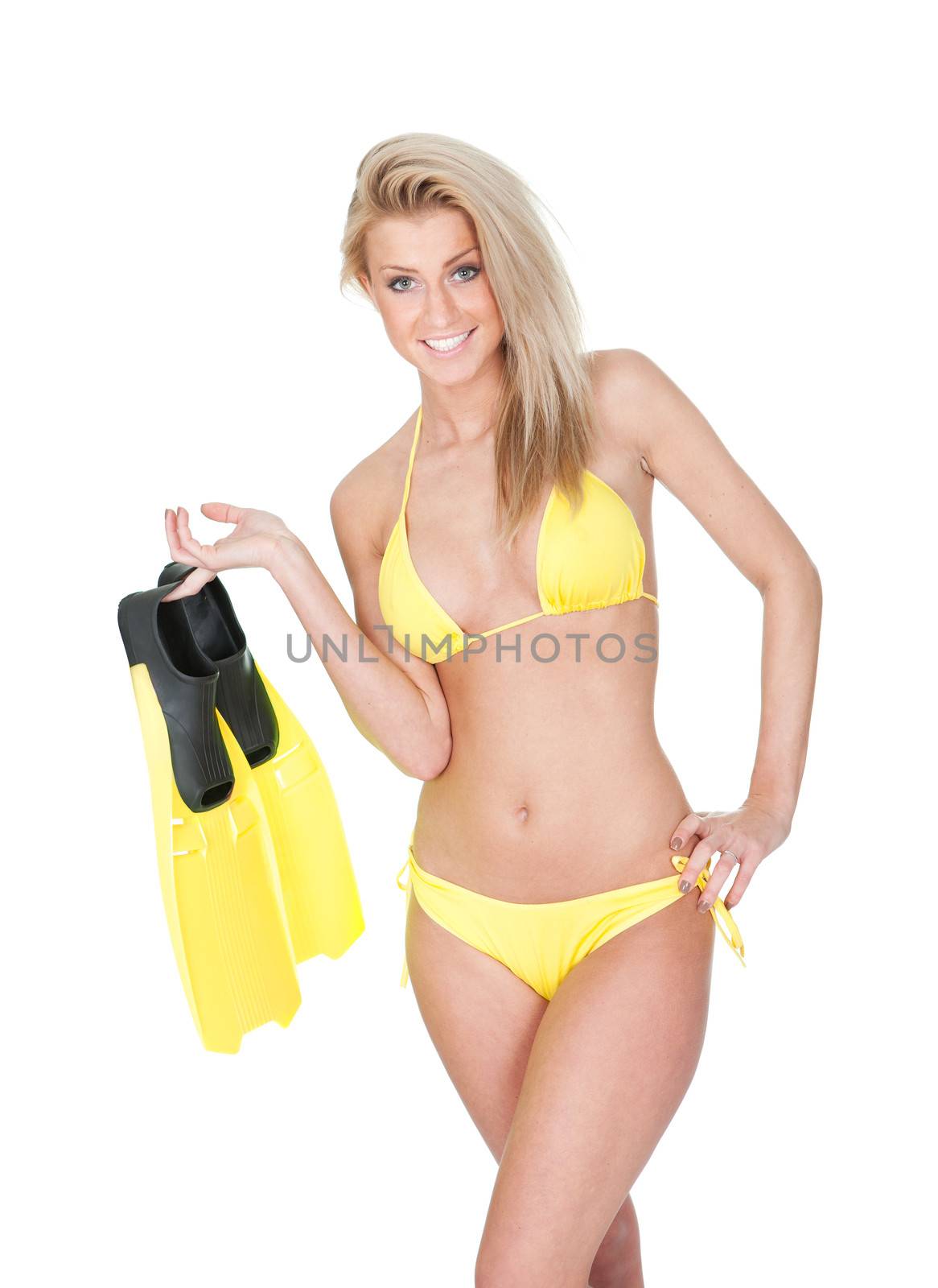 Beautiful young woman in bikini with snorkel. Isolated on white