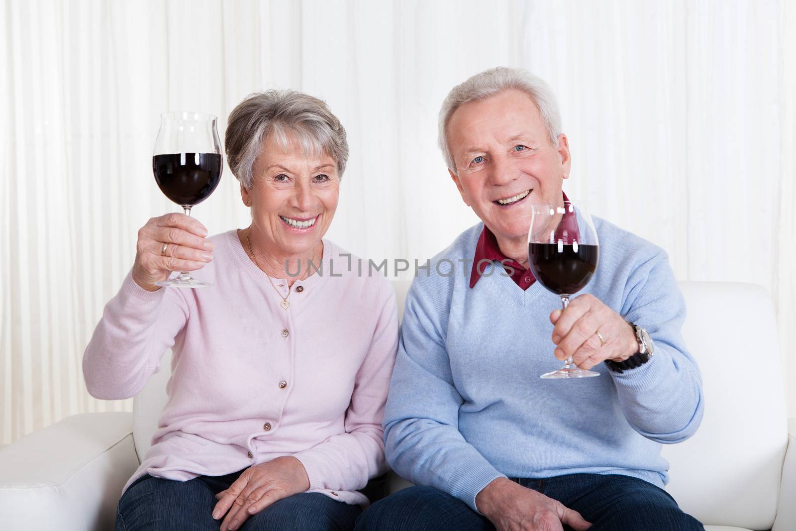 Senior Couple Toasting Glass Of Wine by AndreyPopov