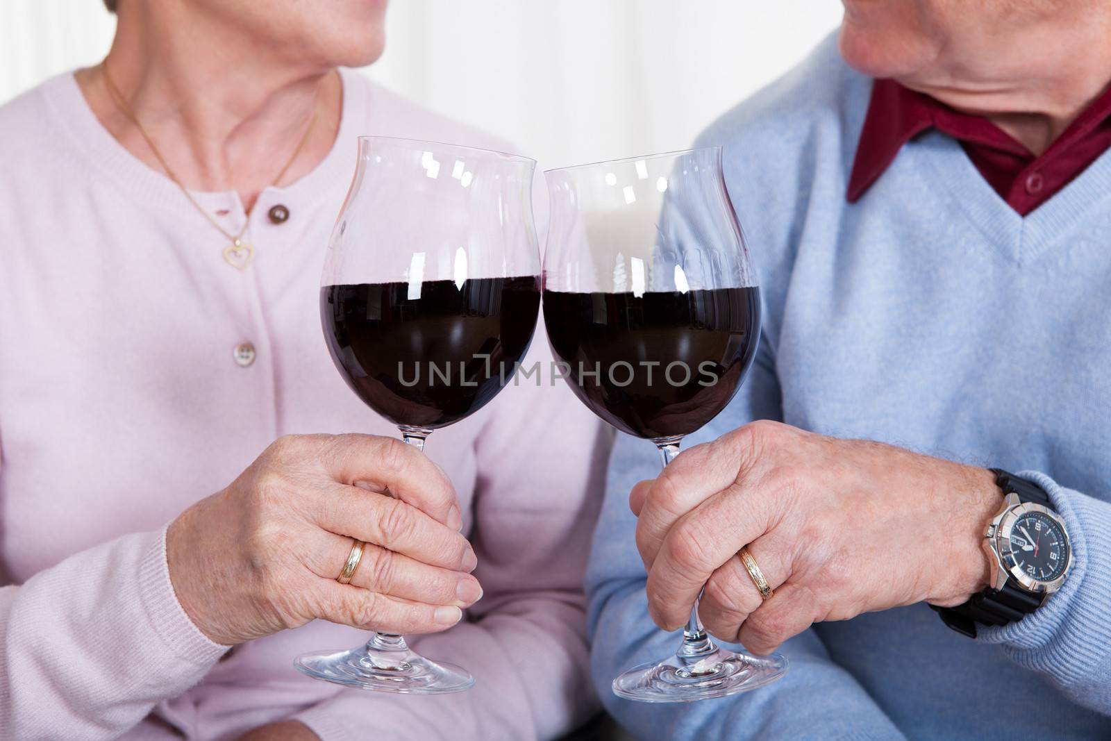 Senior Couple Toasting Glass Of Wine by AndreyPopov
