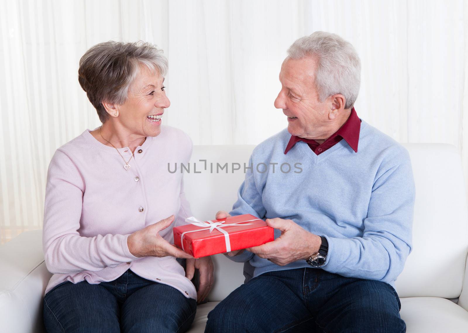 Senior Man Giving Gift To Senior Woman by AndreyPopov