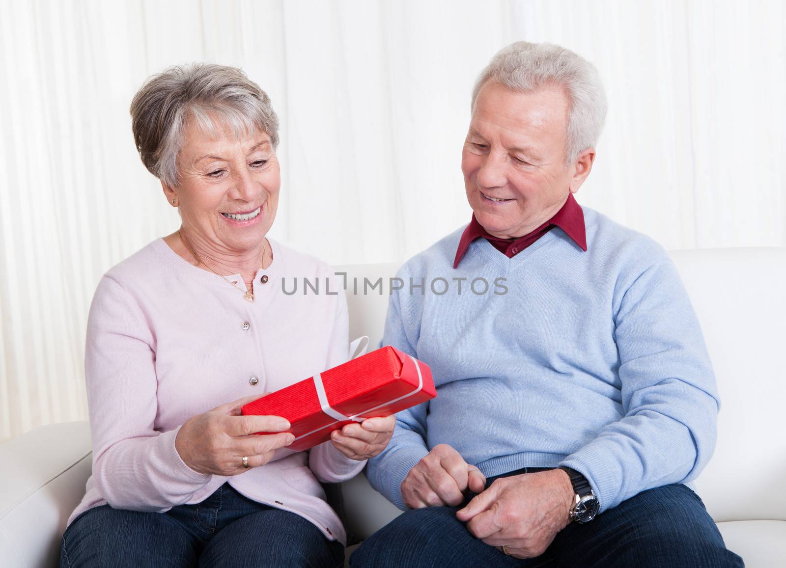 Senior Man Giving Gift To Senior Woman by AndreyPopov