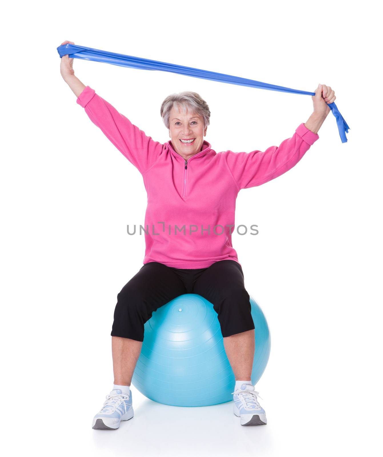 Senior Woman Stretching Exercising Equipment On White Background