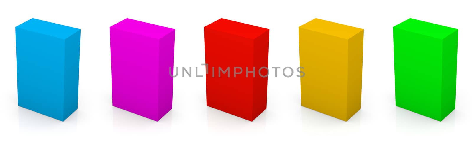 Color blank box series on white background with reflection