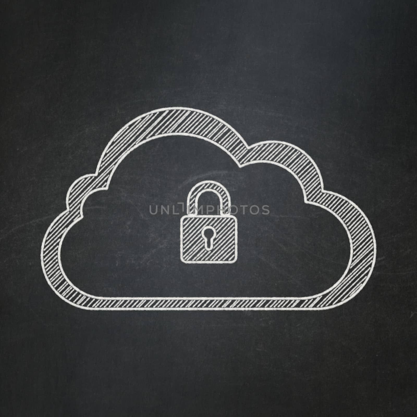 Cloud technology concept: Cloud With Padlock on chalkboard background by maxkabakov