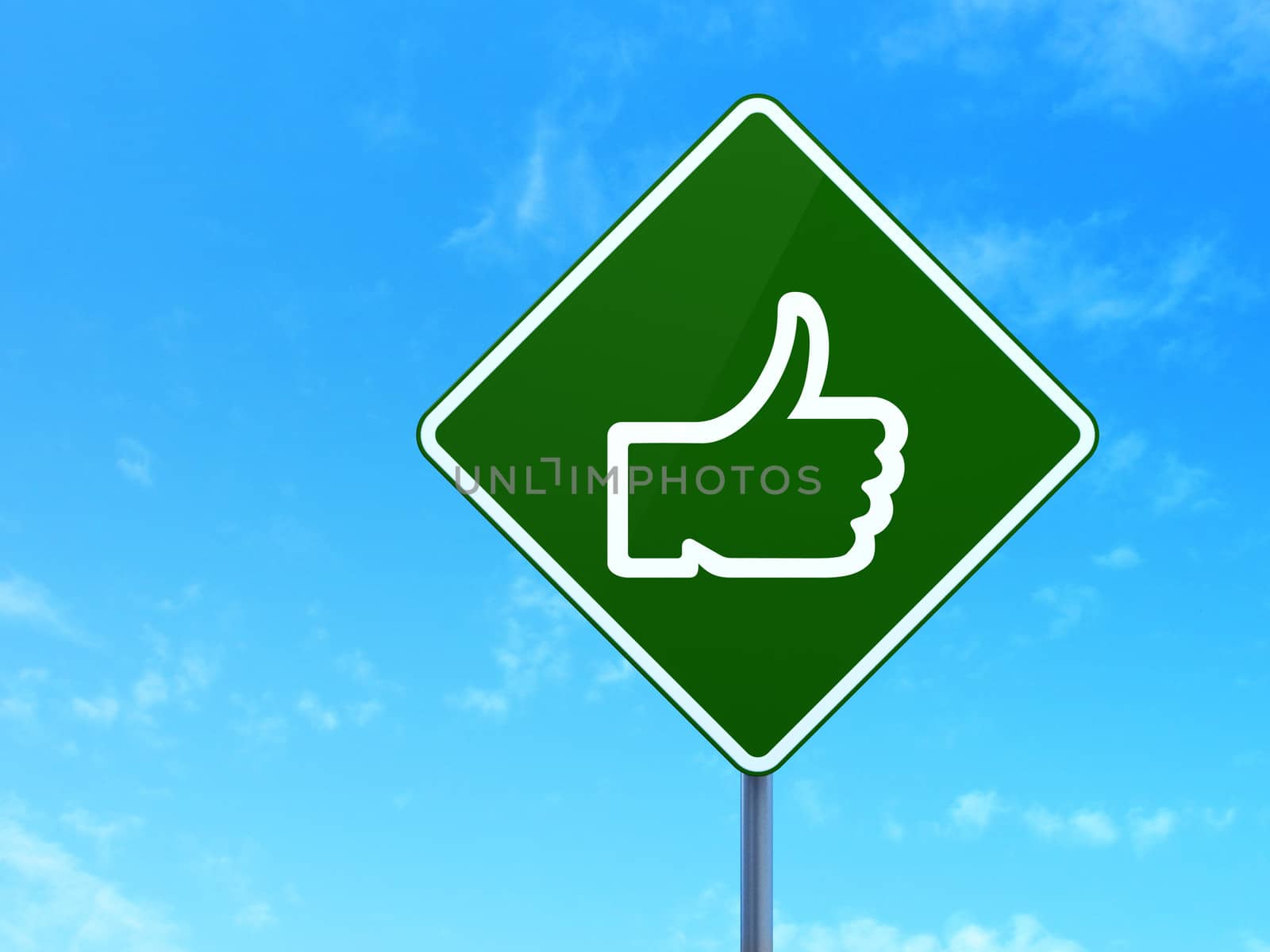 Social media concept: Thumb Up on green road (highway) sign, clear blue sky background, 3d render