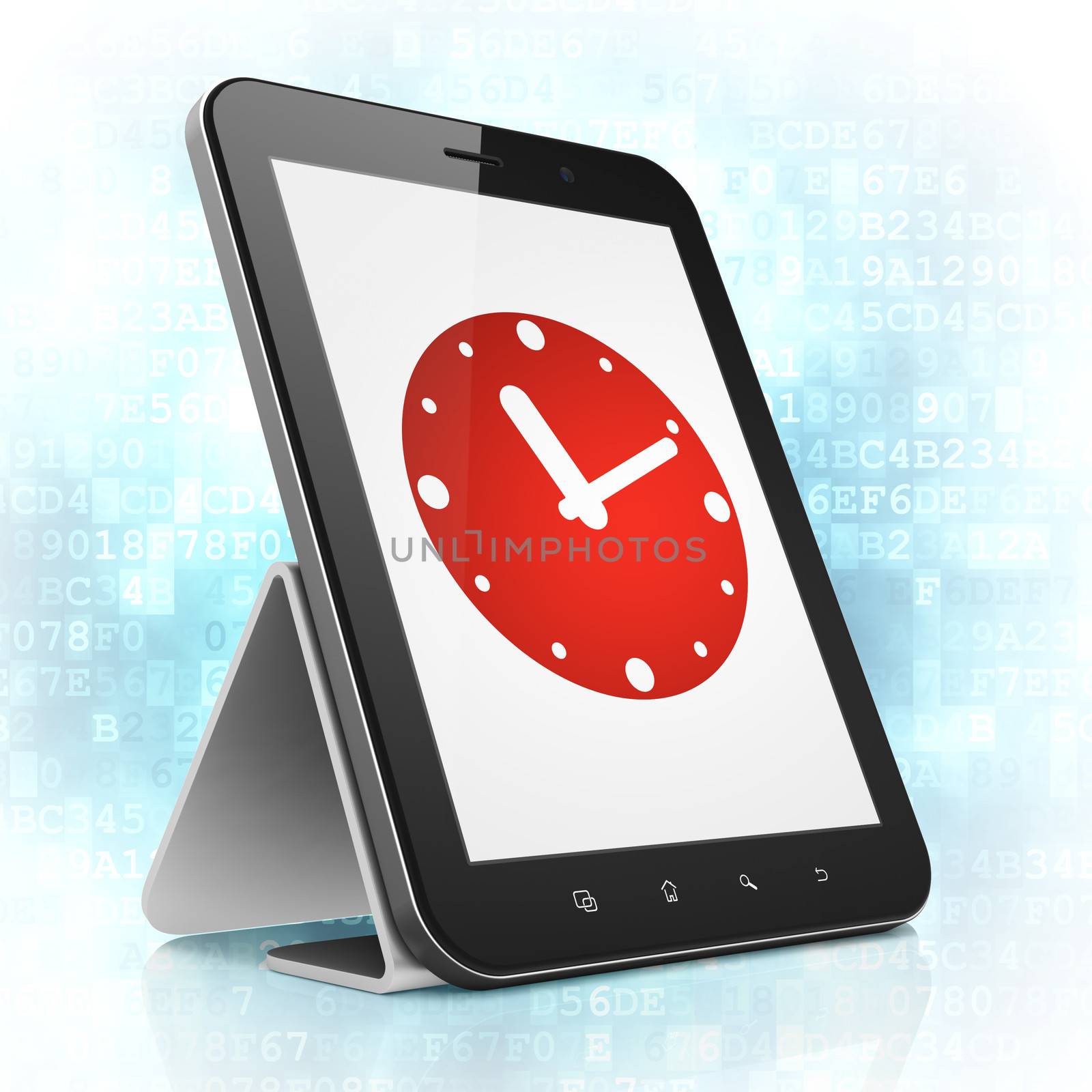 Time concept: black tablet pc computer with Clock icon on display. Modern portable touch pad on Blue Digital background, 3d render