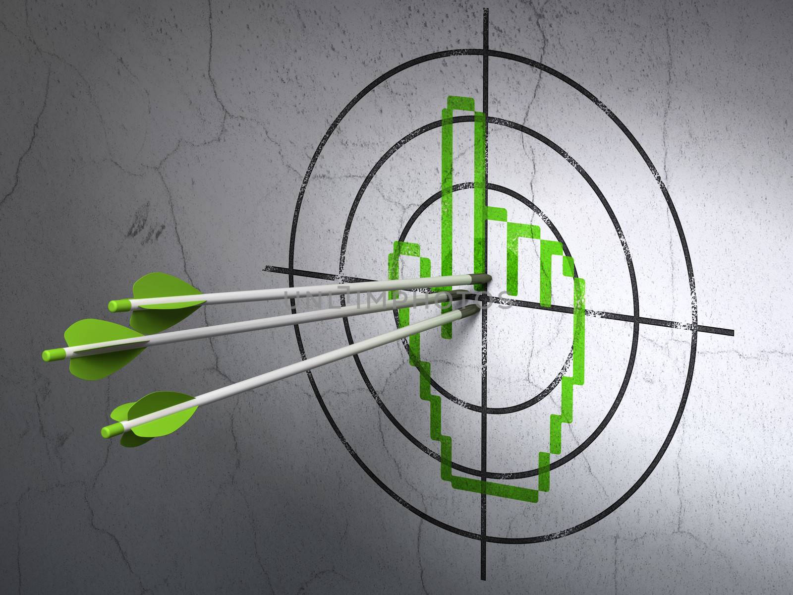 Success web development concept: arrows hitting the center of Green Mouse Cursor target on wall background, 3d render