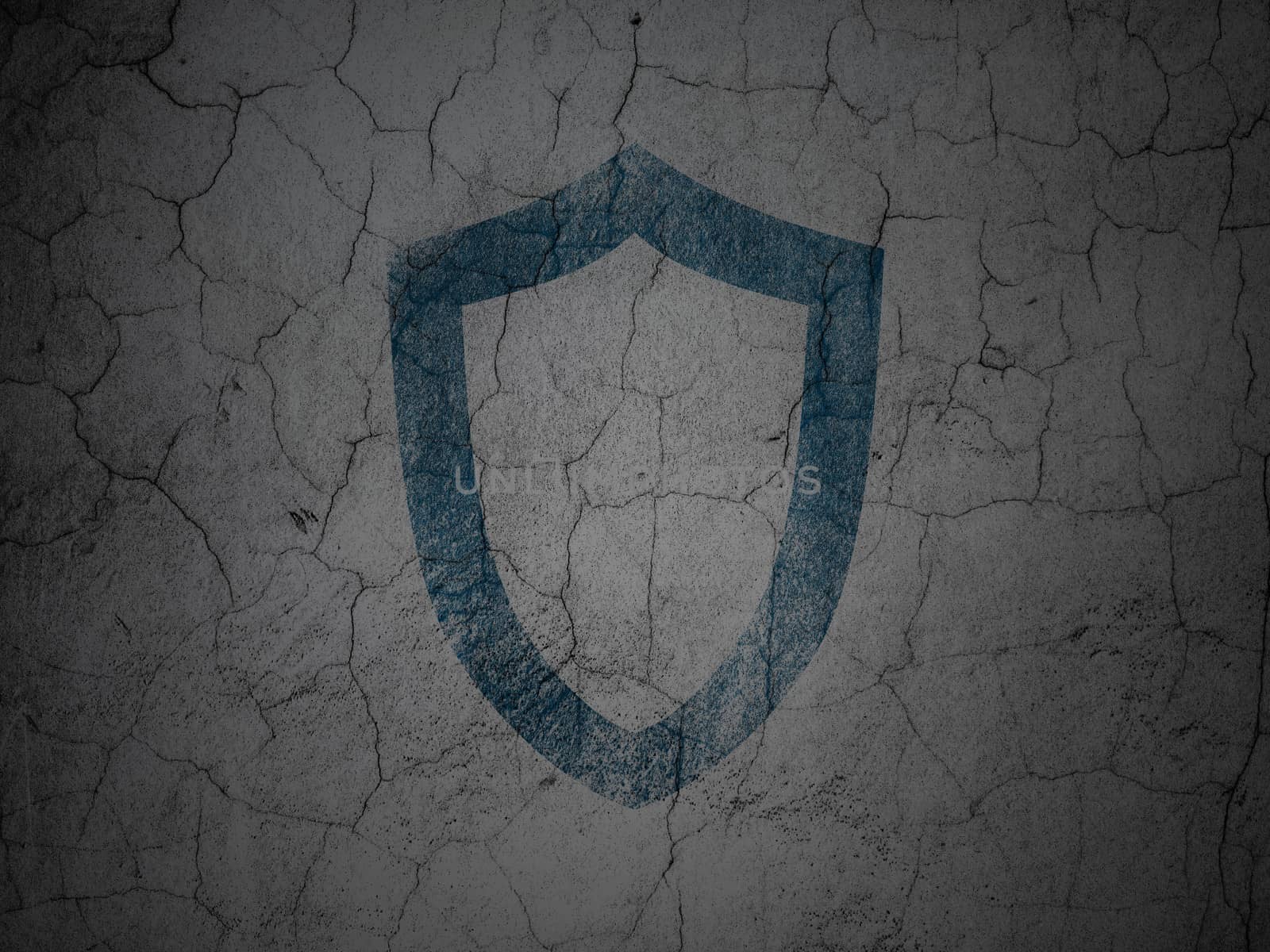 Protection concept: Blue Contoured Shield on grunge textured concrete wall background, 3d render