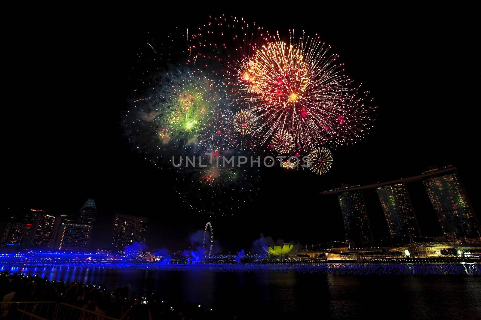 Fireworks over Marina bay in Singapore on New Years Eve