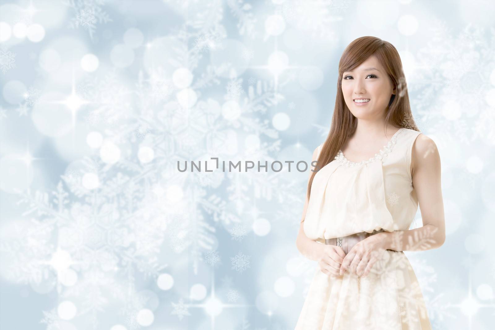 Asian beauty, closeup portrait on Christmas shiny background.