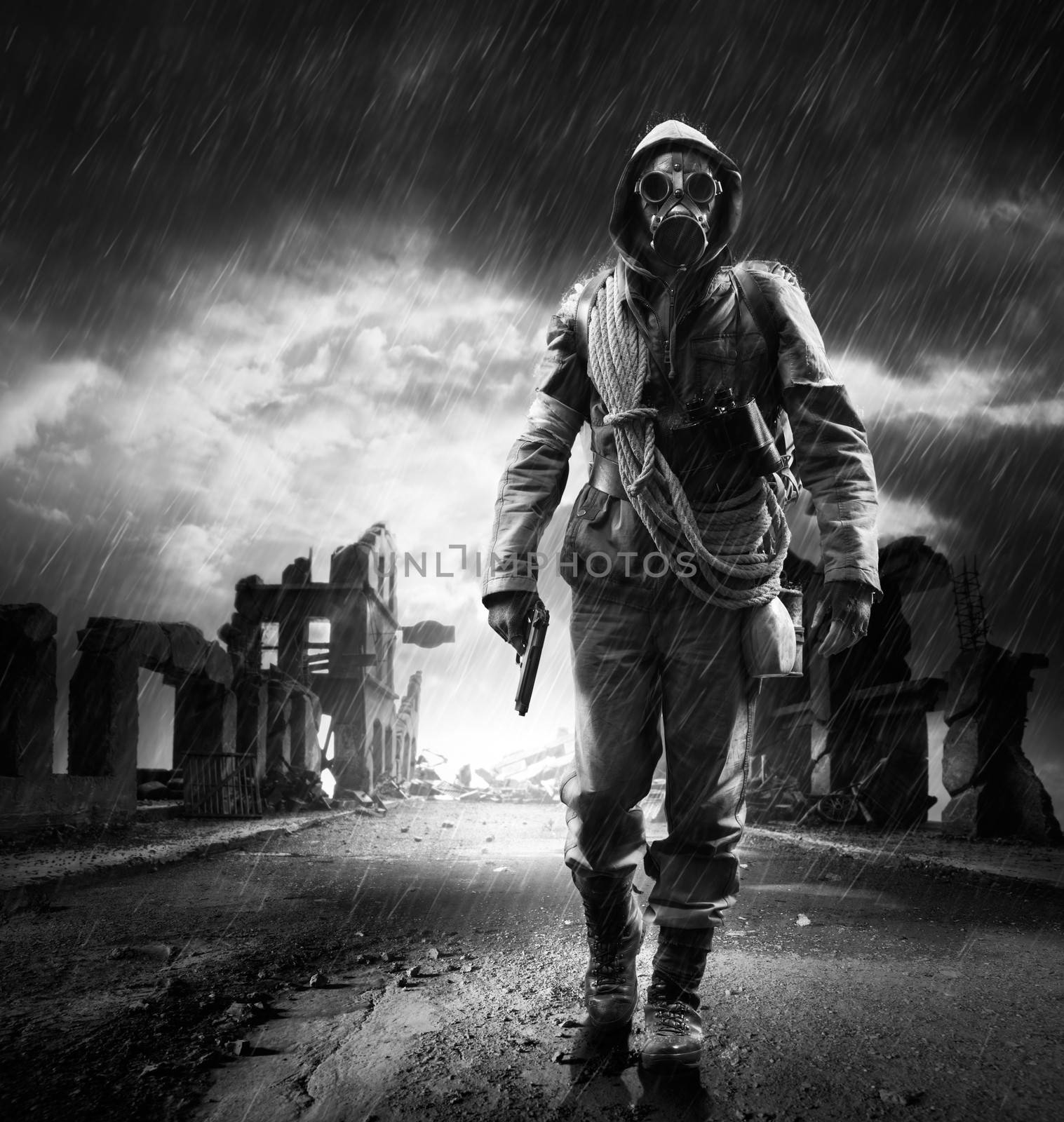 A lonely hero wearing gas mask walking through a city destroyed 