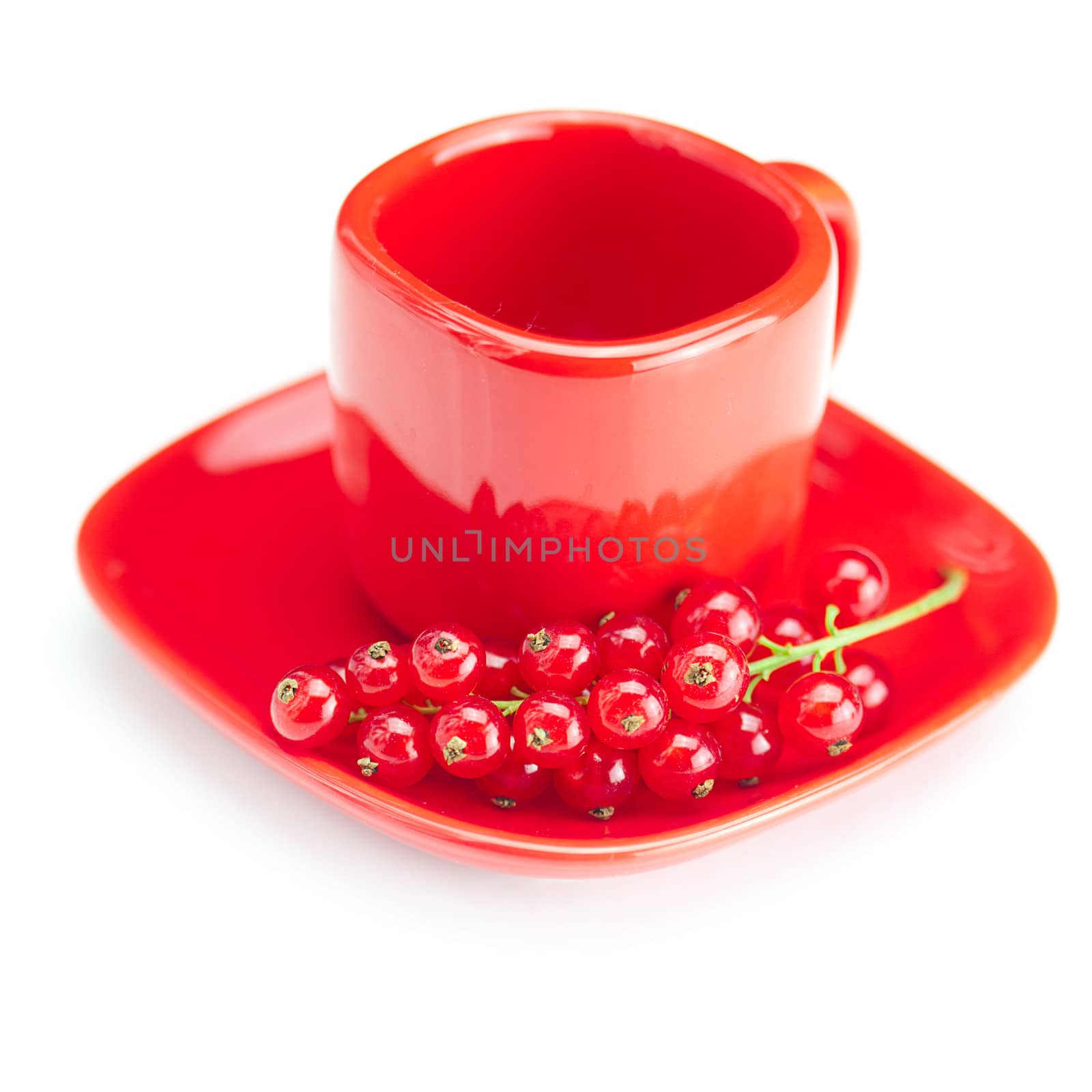 branch of red currants and red cup with a plate isolated on white