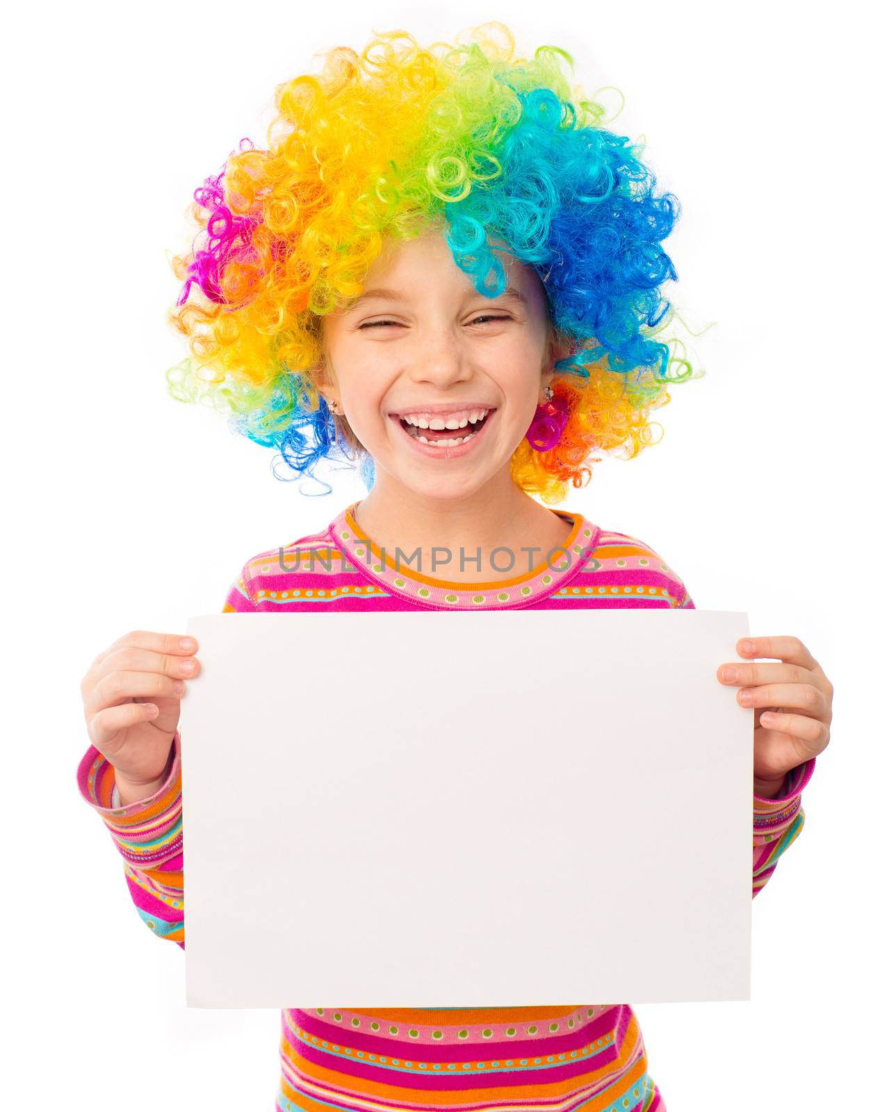 smiling little girl in clown wig with white blank