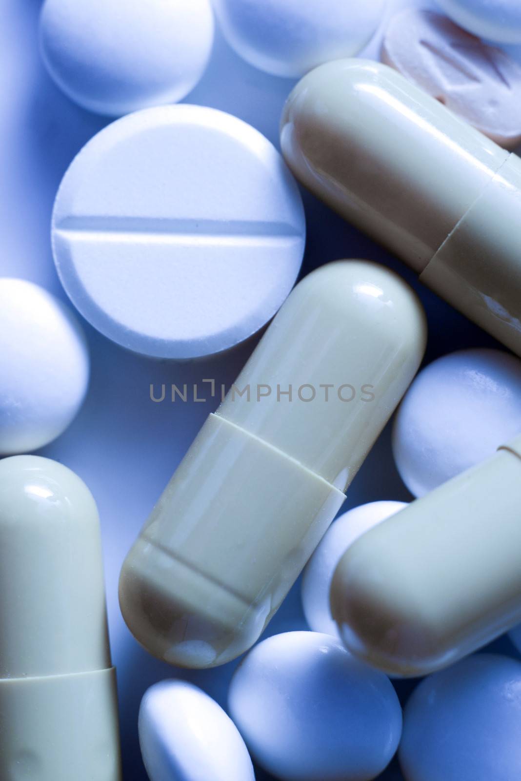 close-up of blue medical pills