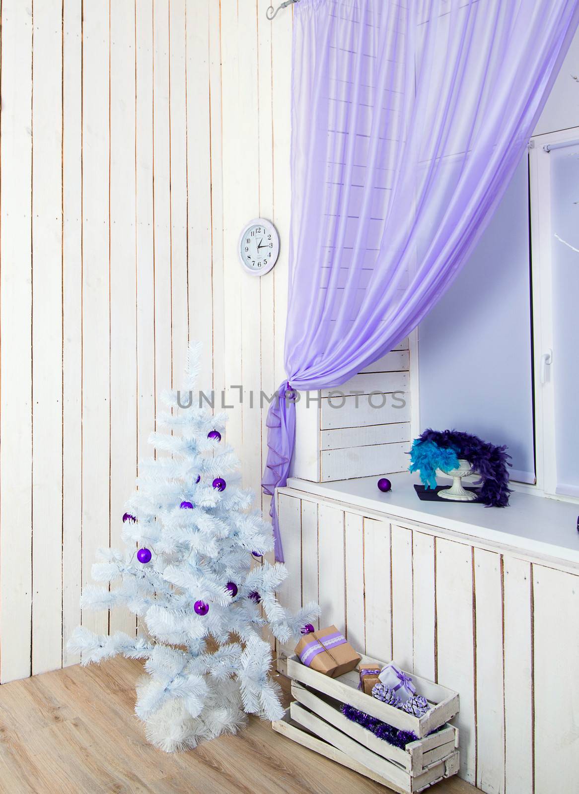 beautiful interior with white New year tree