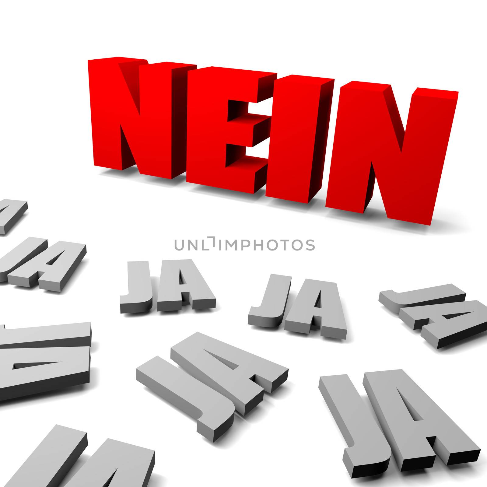 Red no between gray yes german text, thinking different concept 3d illustration