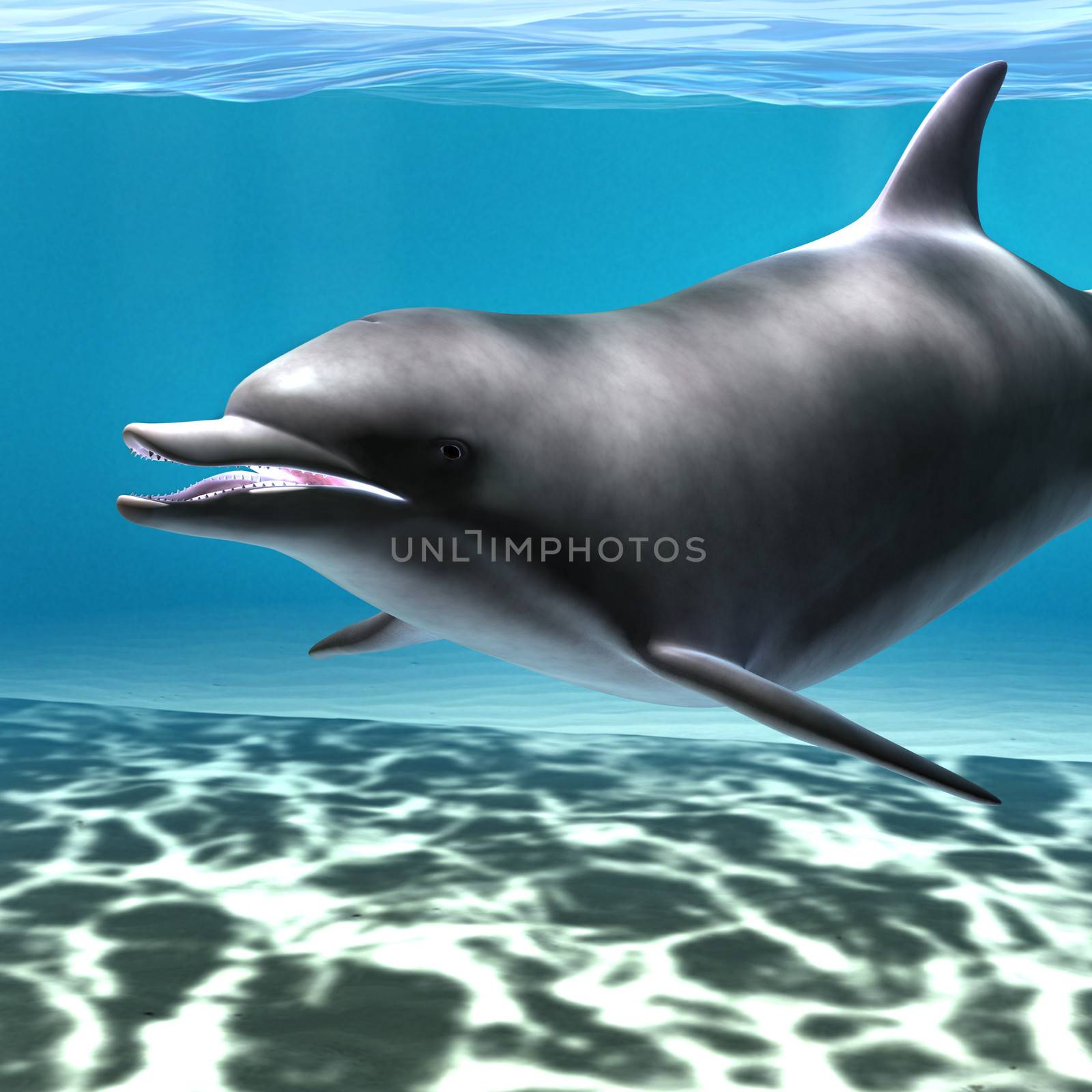 3D digital render of a cute dolphin on blue fantasy ocean background