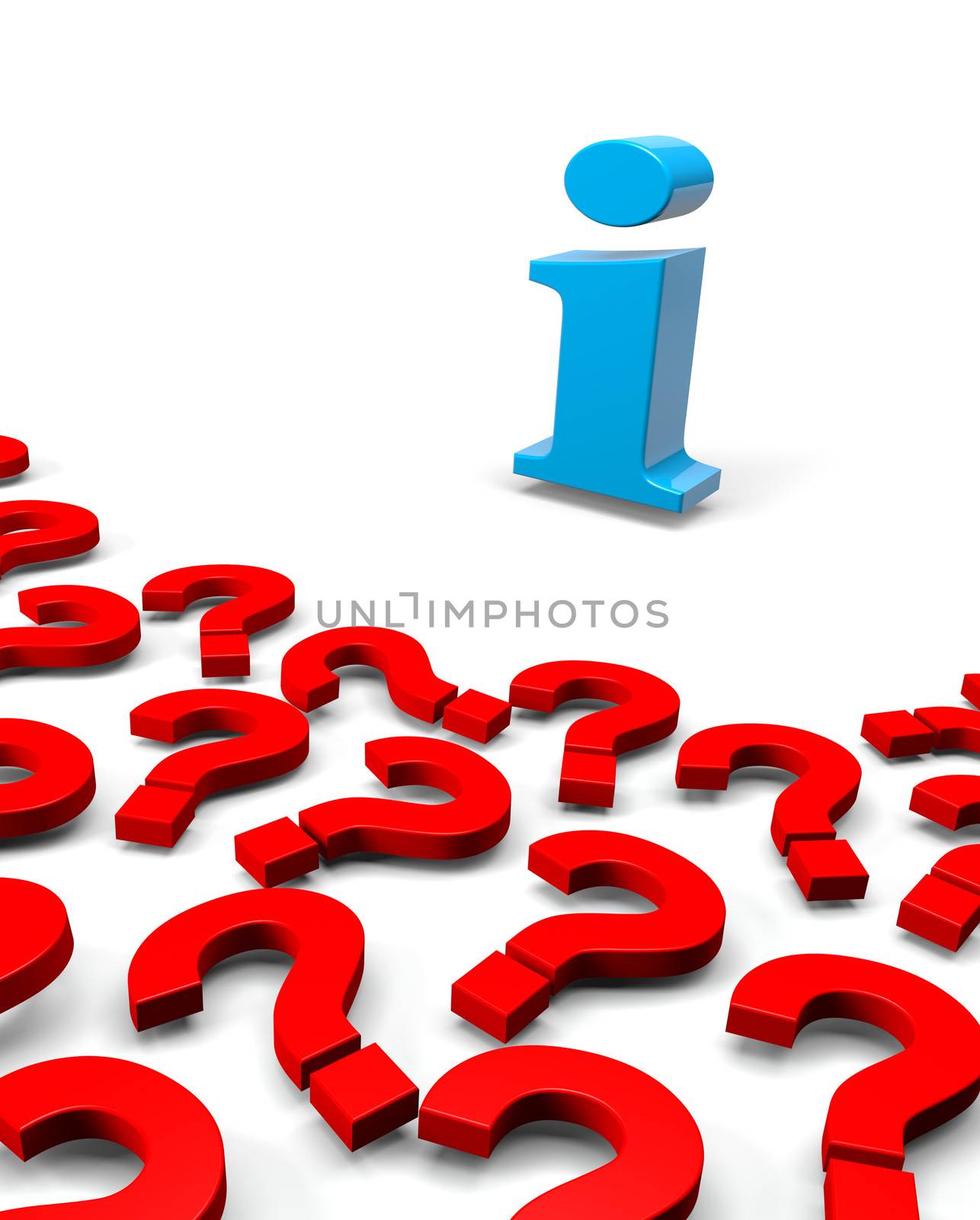 Many 3D Red Question Mark and One Information Letter on White Background
