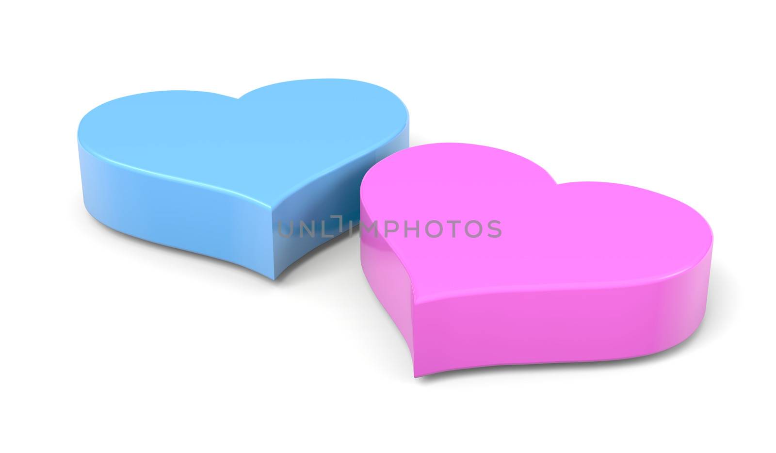 Couple of Blue and Pink Hearts on White Background Love Concept 3D Illustration