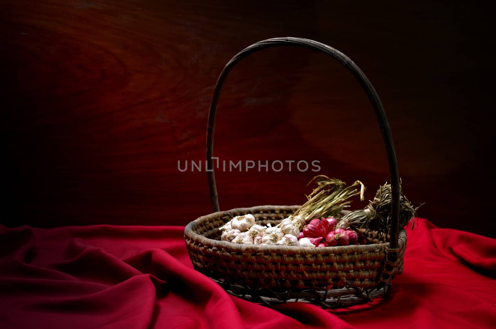 Shallots and Garlic in basket, Still life