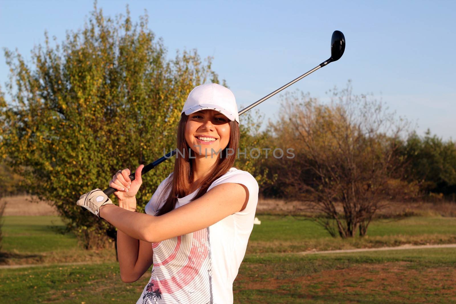 happy girl golf player portrait by goce